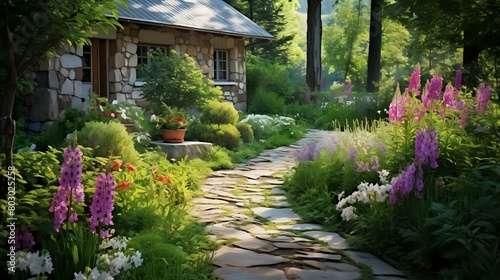Blooming Perennials  Summer Cottage Garden View  Stone Pathway Delight 