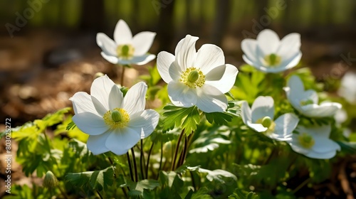 Nature's Beauty: White Anemone Flowers in Spring Forest Sunlight
