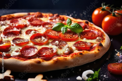 pizza sausage, tomato sauce, cheese Menu concept, food background, diet. top view. copy space for text
