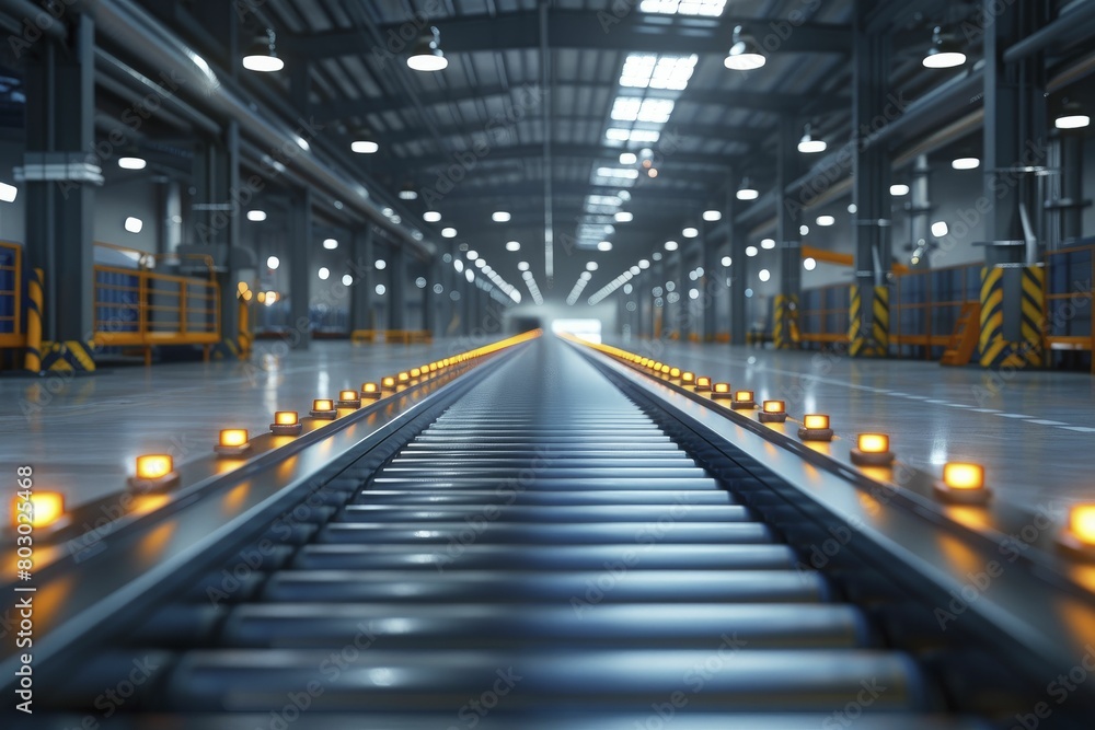 Experience the lifelike depiction of conveyor systems moving goods in expansive industrial settings, perfect for showcasing logistics excellence.
