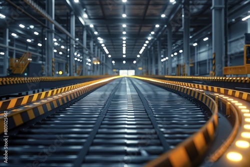 Realistic visualization of conveyor belts transporting goods in vast industrial warehouse, suitable for logistics and supply chain marketing.