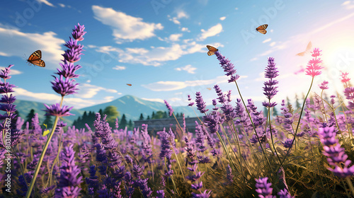 A sprawling field of lavender under a clear blue sky, with the gentle hum of bees, the fragrant air, and the occasional flutter of butterflies creating a peaceful, sensory experience.