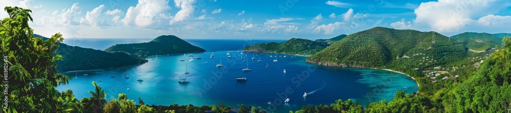 Majestic Tropical Bay Panorama with Azure Waters and Verdant Hills