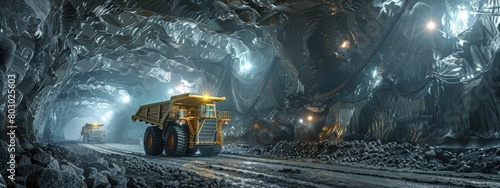 Underground perspective of mining operations with heavy machinery and dynamic lighting, excellent for mineral extraction industry pieces. © Kanisorn