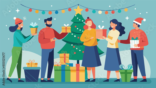 Friends gathering for a holiday decorating party exchanging and swapping decorations they no longer use to reduce waste.. Vector illustration
