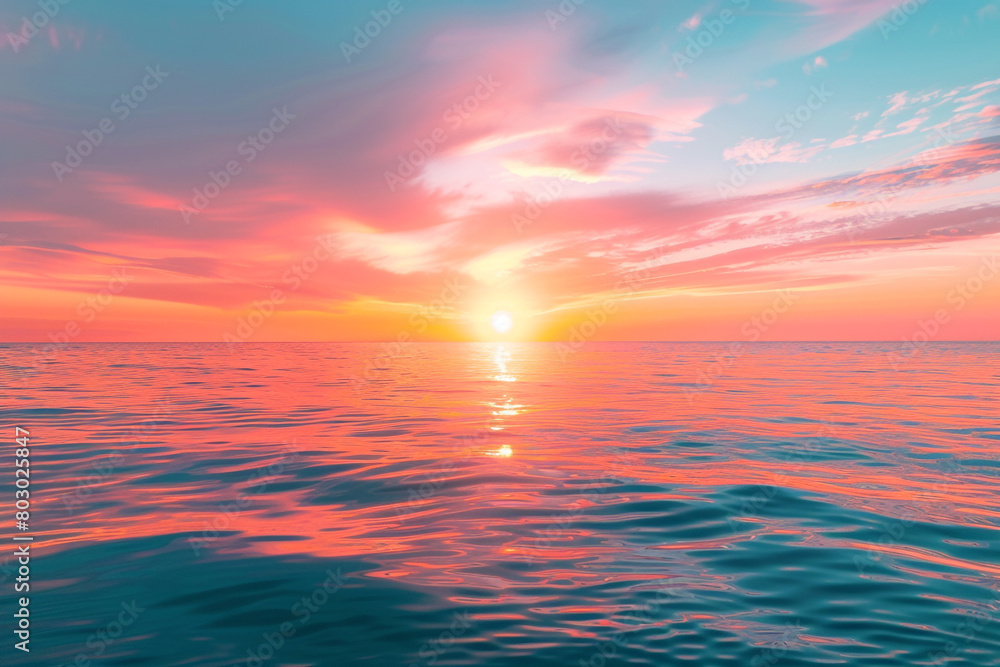 A breathtaking sunset over the ocean, with vibrant hues of orange and pink painting the sky, casting a golden glow on the water below.