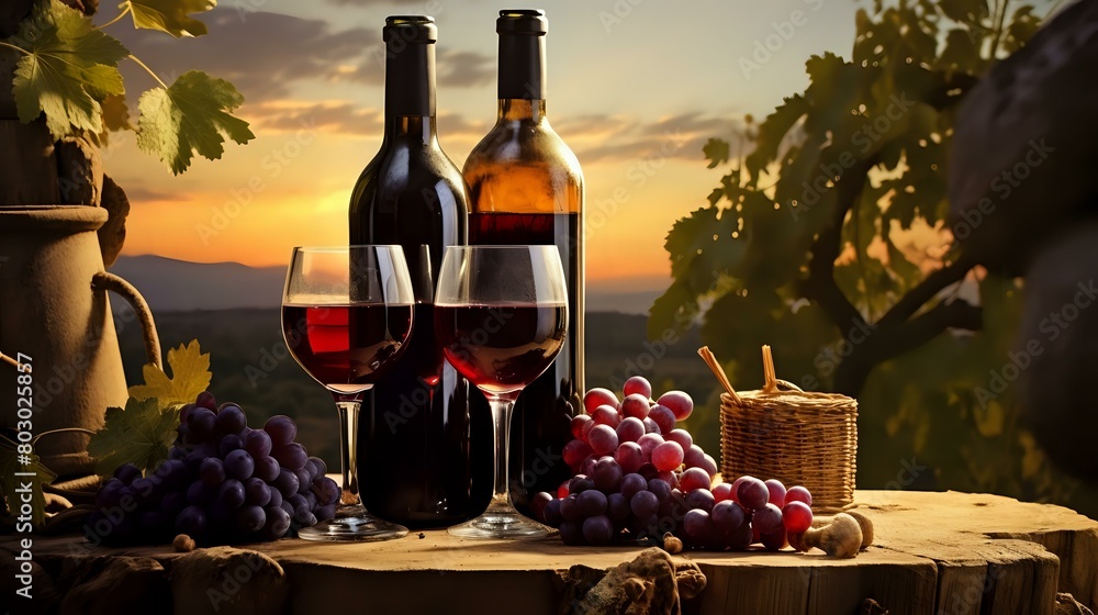 Rustic Charm: Wine Bottles, Glasses, Grapes, and Barrel Scene