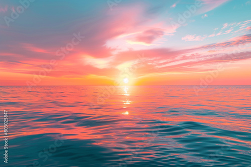 A breathtaking sunset over the ocean, with vibrant hues of orange and pink painting the sky, casting a golden glow on the water below. © Faisu