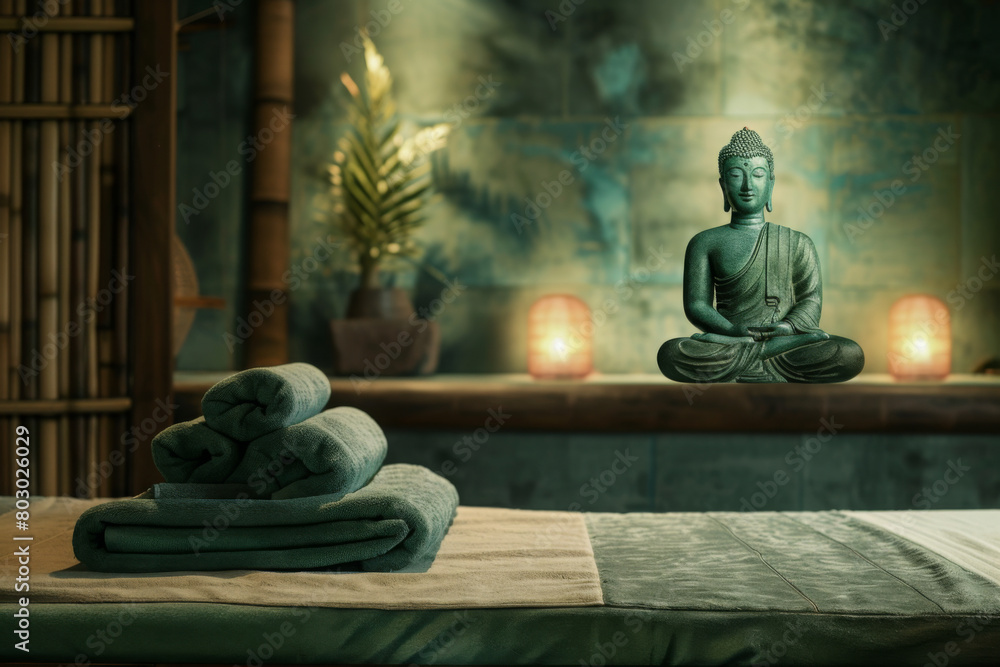 Photo scene daybed with towels in thai massage parlor. Buddha figure on background. Wooden wall material. Minimalistic modern zen style of design with dark green and beige colors