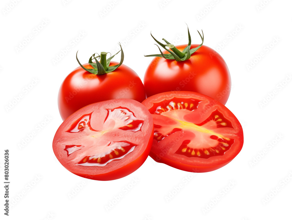 A ripe whole tomato with two succulent slices isolated on a transparent background, showcasing fresh produce. Generative AI A ripe whole tomato with two succulent slices isolated on a transparent background, showcasing fresh produce. Generative AI