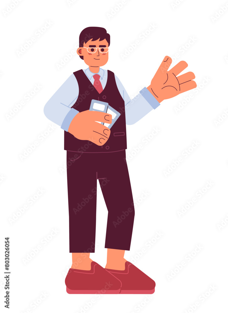 Flight attendant male cartoon flat illustration. Airline steward asian eyeglasses man 2D character isolated on white background. Japanese air host holding airplane tickets scene vector color image Flight attendant male cartoon flat illustration. Airline steward asian eyeglasses man 2D character isolated on white background. Japanese air host holding airplane tickets scene vector color image
