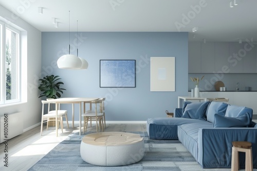 Minimalist Modern Living Room Interior with Blue Sofa and Sunlight