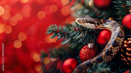 Banner Happy Chinese New Year 2025 zodiac snake. A snake on red background with christmas tree and christmas tree toys copy space.