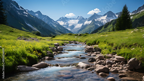A tranquil, Alpine meadow in early summer, with wildflowers in bloom, a clear mountain stream, and the distant sound of cowbells, all under the watchful gaze of snow-capped peaks. photo