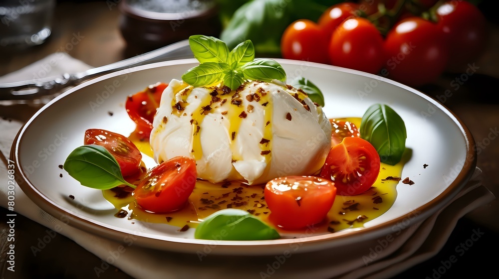 Burrata Cheese with Fresh Basil and Tomatoes: Selective Focus, Healthy Dish