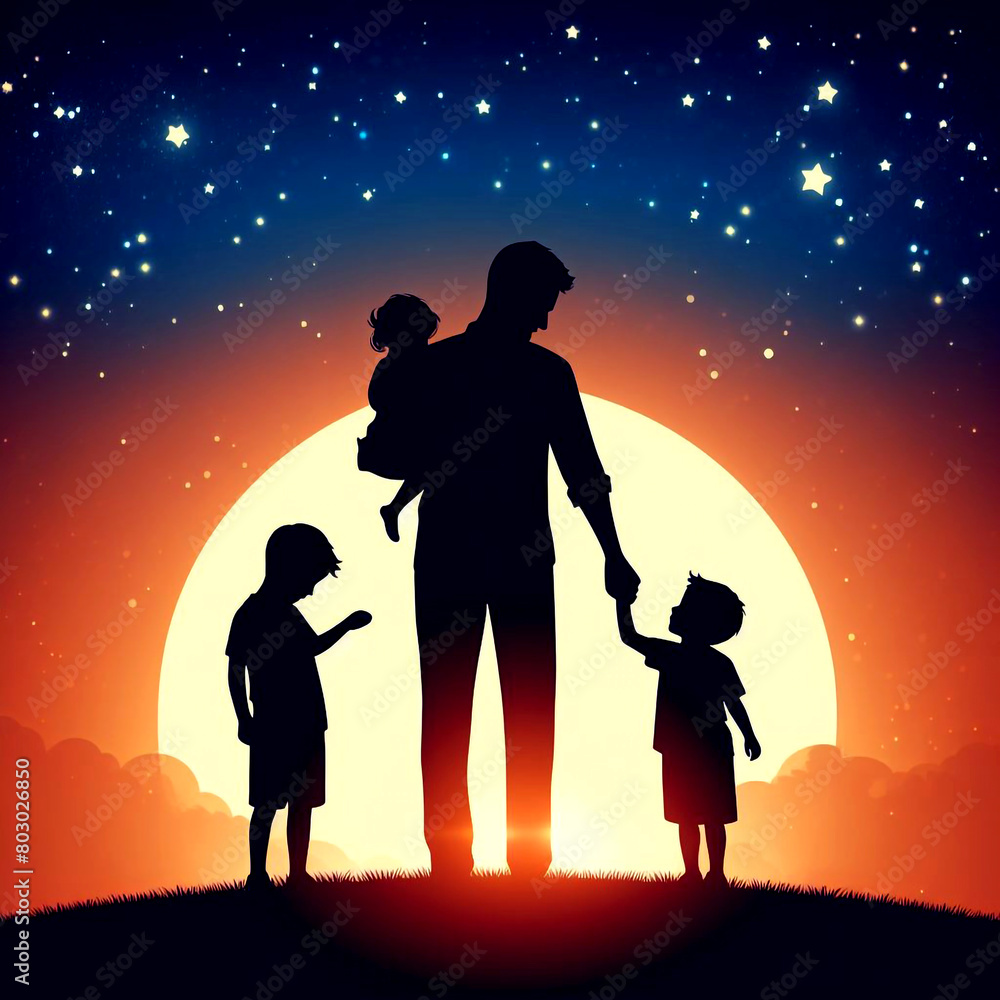 Vibrant color Silhouette of father and children holding hands Father vector illustration background