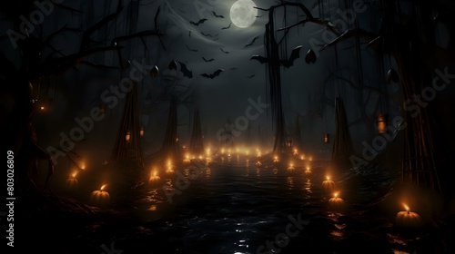 Spooky Holiday Scene: Dark Forest Aglow with Burning Candles and Bats