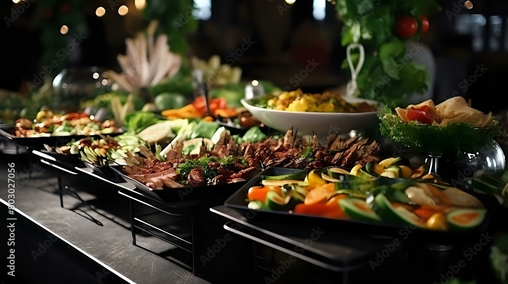 Indoor Buffet Catering: People Enjoy Colorful Fruits, Vegetables, and Meat