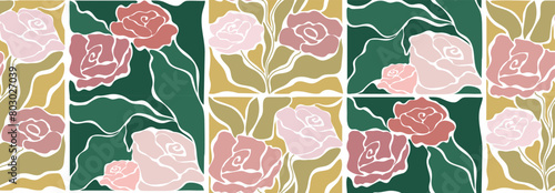 Groovy flowers roses garden aesthetic contemporary retro seamless pattern. Trendy romantic boho vector design illustration for textile prints.