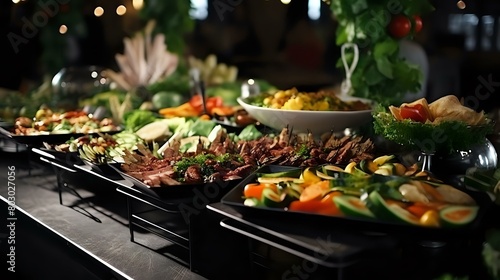 Indoor Buffet Catering  People Enjoy Colorful Fruits  Vegetables  and Meat