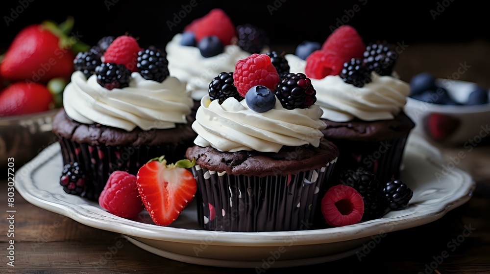 Homemade Treat: Chocolate Cupcakes with Cream Cheese Frosting and Berry Decor Homemade Treat: Chocolate Cupcakes with Cream Cheese Frosting and Berry Decor