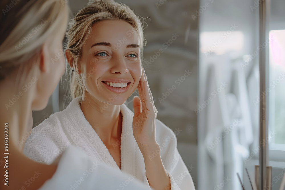 A young korean woman in a white robe smiling at herself and touching her face in the mirror. She has a healthy facial skin tone. The concept is beauty treatment for mature women after spa therapy