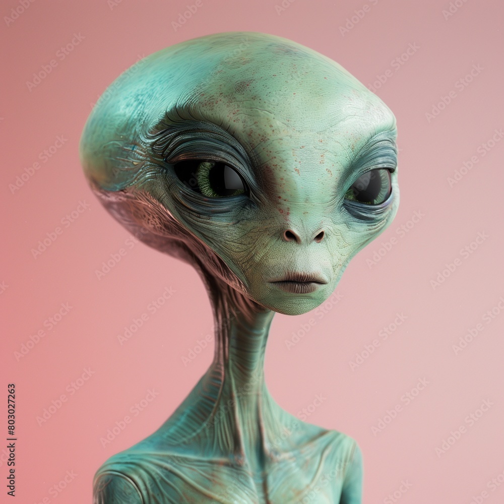 Portrait of a green alien on a pink background. Portrait of a green alien on a pink background.