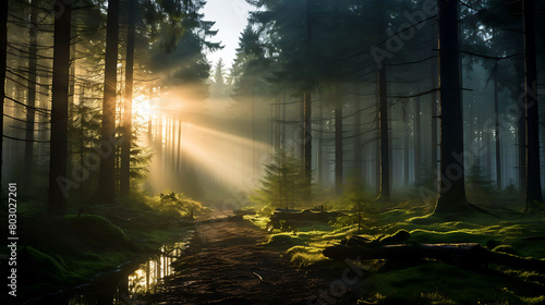 A tranquil scene of a misty pine forest at sunrise  where the suna  s rays filter through the fog  creating a soft  diffuse light that highlights the green moss and the forest floora  s detail.