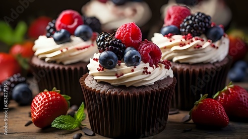 Bakery Delight: Chocolate Cupcakes Topped with Cream Cheese Frosting and Fresh Berries