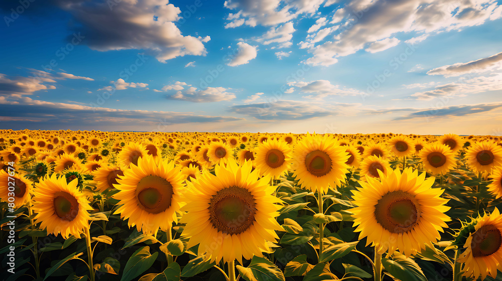A vast field of sunflowers at the peak of summer, turning their faces to the sun, with a backdrop of fluffy clouds in a bright blue sky, creating a scene of vibrant life and energy.