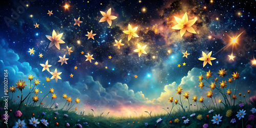Stars are born and shoot out from flowers and fly to the sky