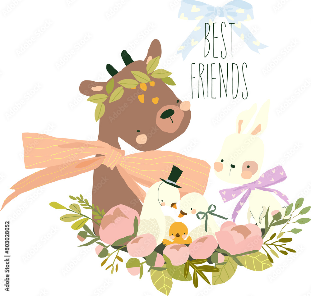 Vector Cartoon Illustration with Cute Deer, Rabbit and Birds Vector Cartoon Illustration with Cute Deer, Rabbit and Birds