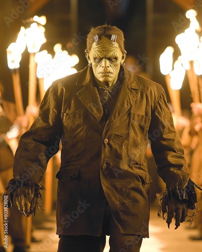 In the flickering light of the torches, Frankensteins hulking figure moves with purpose as he readies himself for Halloween night ,