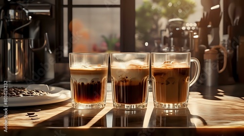 Gourmet Coffee: Glasses of Hot Drink on Kitchen Counter Display