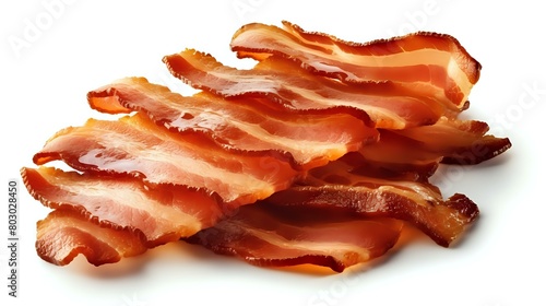 Delicious cooked bacon slices on white background: Pork meat, smoked, tasty.