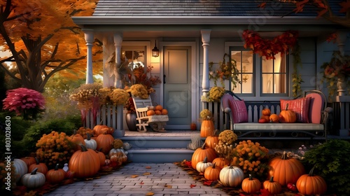 Generative AI Charm: Fall Cottage adorned with Thanksgiving Chaplet and Porch Pumpkin photo