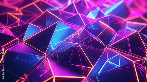 Vivid abstract geometric landscape with glowing particles in blue and pink hues.