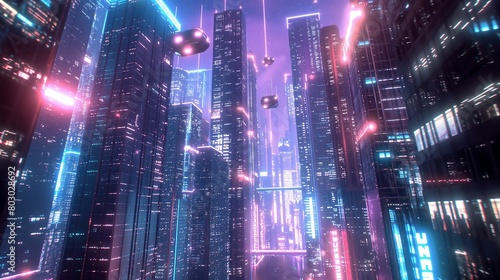 Futuristic cityscape with neon lights and skyscrapers in a virtual reality setting.