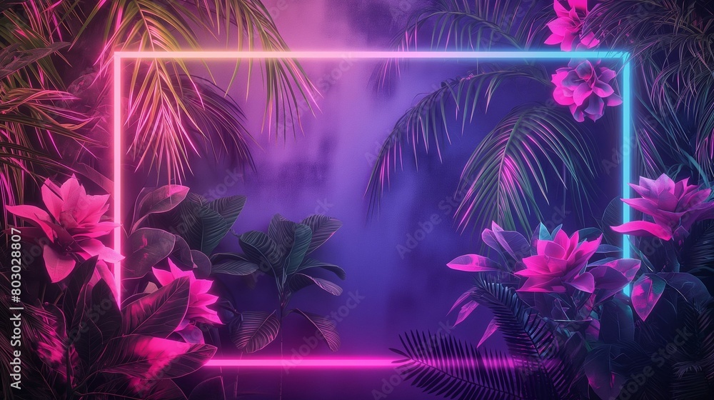 Tropical neon paradise with vibrant pink and blue lighting.
