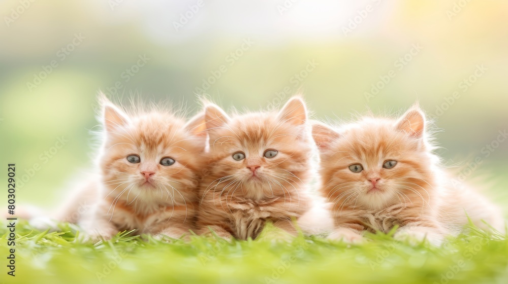 Three delightful red kittens playfully frolic on a vibrant green grass background