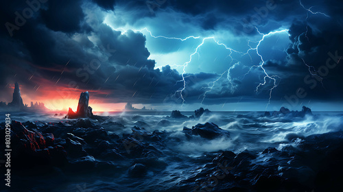 The dramatic spectacle of a lightning storm over the ocean, with forks of lightning illuminating the dark clouds and the sea, and the distant rumble of thunder adding to the intensity. photo