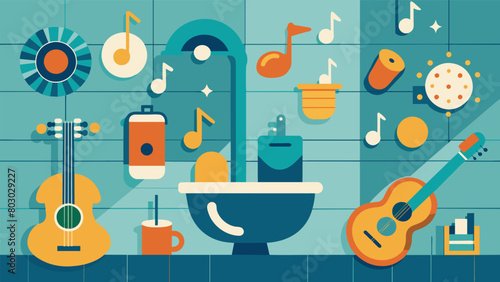 The bathrooms are decorated with quirky wallpapers featuring musical instruments and lyrics. Vector illustration