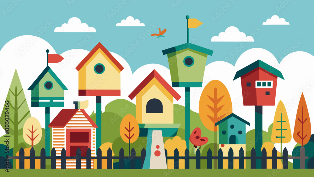 A charming backyard adorned with birdhouses designed in the likeness of famous American monuments showcasing national pride.. Vector illustration