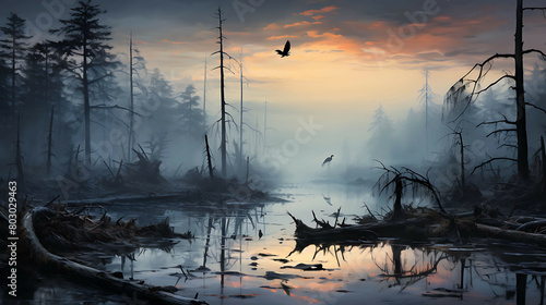The haunting beauty of a misty marsh at dawn, where the still water reflects the skeletal shapes of leafless trees, and the silence is punctuated only by the distant call of water birds.