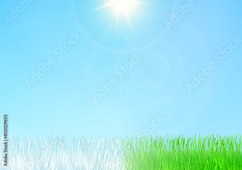 Winter summer solstice background, illustration. The alternation of snowy white and fresh green grass symbolizes the change of seasons with the radiant sun in the middle. © GraffiTimi
