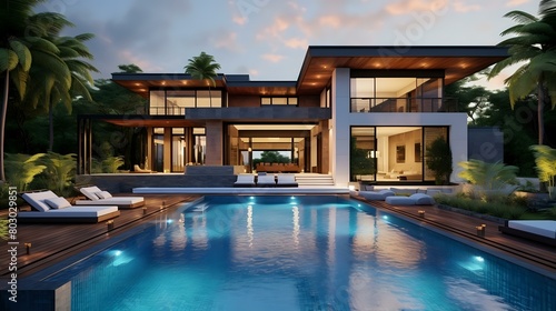 Beautiful Blue Home: Exterior Design with House Pool in Background © Abbassi