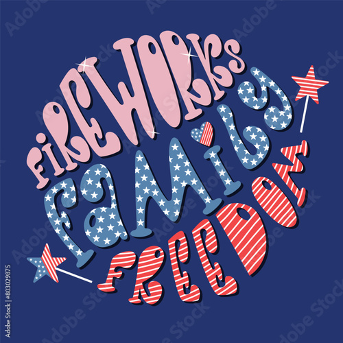 Fireworks family freedom handdrawn banner for 4th of July. Vector lettering design for Independence day.