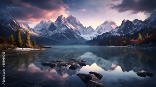 The peaceful stillness of a high-altitude lake at dawn, encircled by towering peaks, where the reflection of the mountains and the sky in the glassy water creates a perfect symmetry. photo
