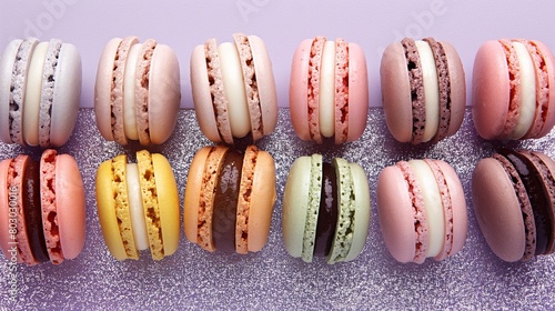 An assortment of colorful macarons, each with a unique flavor, arranged in a neat row against a pastel lavender glitter background.