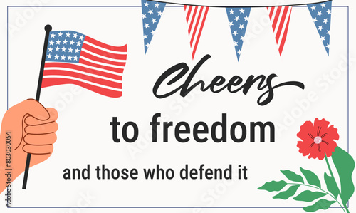 Cheers to freedom banner for 4th of July on white background. Vector design for Independence day.
